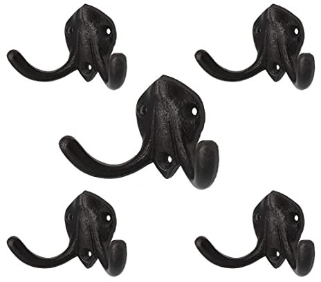 Gussmeister 5 Kleine Wandhaken Garderobenhaken Kleiderhaken mit Schrauben, Gusseisen schwarz, vintage antik doppel zweifach Haken
