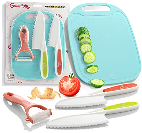 Baketivity - Cuchillos de plástico Seguros para niños para cocinar Real con Tabla de Cortar, pelador para Cocina, Juego de Cuchillos con Punta Roma, Apto para lavaplatos, Cuchillos para niños sin BPA