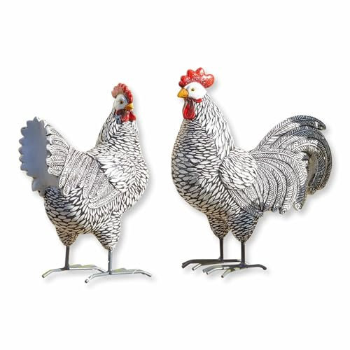 Loberon Huhn 2er Set Mannis, handbemalt, naturgetreu gestaltet, Zwei individuelle Designs, Gartendekoration, Tierfigur, Outdoor Deko, Polyresin, schwarz/weiß