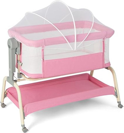 Maxmass 4-in-1 Baby Crib, Height Adjustable Infant Travel Cot with Detachable Net, Lockable Wheels, Storage Basket and Carrying Bag, Newborn Cradle Bed for 0-6 Months Old (Pink)