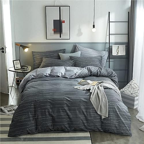 LifeTB Set di biancheria da letto con copripiumino in cotone a righe grigie geometriche, stile moderno, reversibile, grigio, per uomini e ragazzi, 1 copripiumino completo con 2 federe