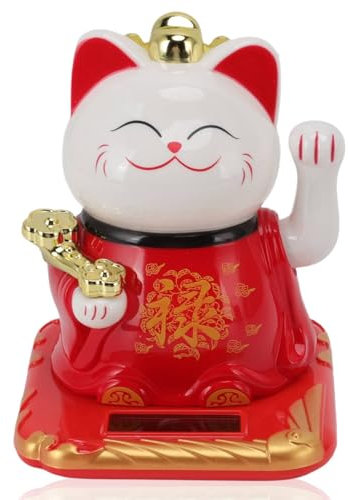 HERCHR Winkende Katze, Glückskatze, Solarbetriebene Lächelnde Katze Mit Winkearm, Glückskatzen-Ornament, Chinesische Willkommenskatzen-Ornament Für Zuhause Und Auto(Rot)