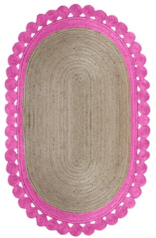 CASAVANI - Tappeto ovale 2x3 tappeto kilim tappeto beige e rosa intrecciato juta, tappeto per interni ed esterni, tappeto a trama piatta, zona traffico, casa sul lago, camera da letto, sala da pranzo