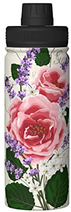 XqmarT Botella de agua, rosa flor lavanda floral vintage, termos aislados vaso de vacío de acero inoxidable de 18 onzas frasco de agua
