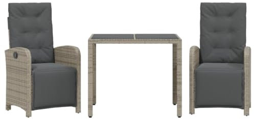 vidaXL Bistro Set 3-TLG., Gartenmöbel Set mit Kissen, Balkonset 2 Verstellbare Stühle 1 Tisch, Balkonmöbel Sitzgruppe für Garten Balkon Terrasse, Grau Poly Rattan