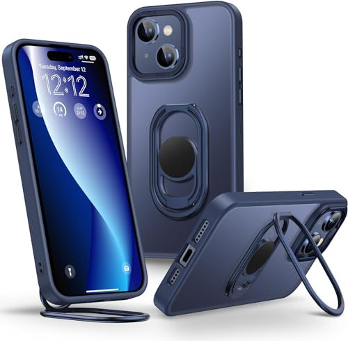 SHIELDS UP for iPhone 15 Case with Stand, Matte Back Phone Case with Double Ring Holder Kickstand【Adjustable & Foldable】 Shockproof Translucent Protective Cover for iPhone 15 6.1 inch - Frosted Blue