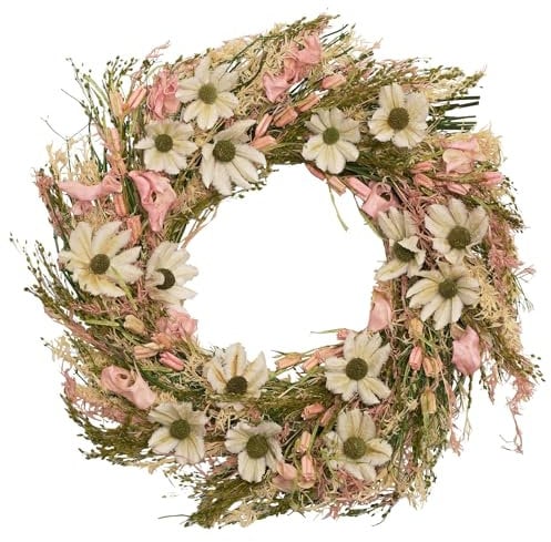 Widdop Couronne de fleurs séchées 25 cm pour printemps/été, couronne artificielle prête à suspendre pour mariage Rose