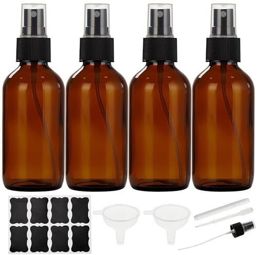 Dark Amber Glass Spray Bottles 4 oz, Small Empty Spray Bottles for Essential Oils, Fine Mist for Face, Hair, Plants, Travel, Perfumes, Cleaning Solutions - 4 Pack