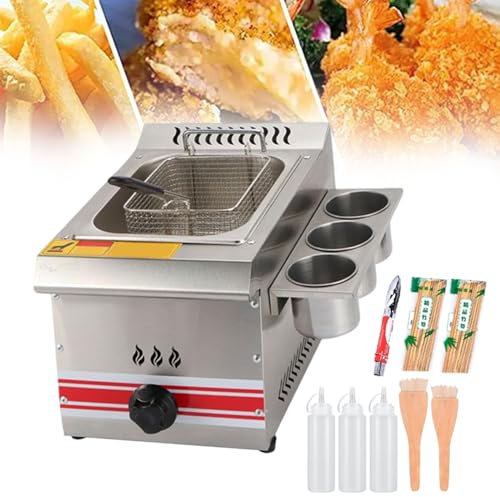 Freidora de gas comercial, freidora de grasa profunda de acero inoxidable para bares, restaurantes, potencia de fuego ajustable, con estante para condimentos y botellas de salsa, freidora de gas de