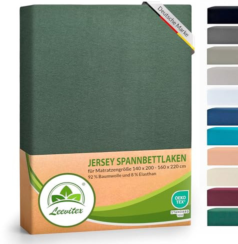leevitex® Luxus Elasthan Jersey Spannbettlaken | 140x200 – 160x220cm | Multistretch | 250 g/m² | 92% Mako-Baumwolle 8% Elasthan | 40cm Steghöhe | außergewöhnlich hochwertige Ausführung | Dunkelgrün