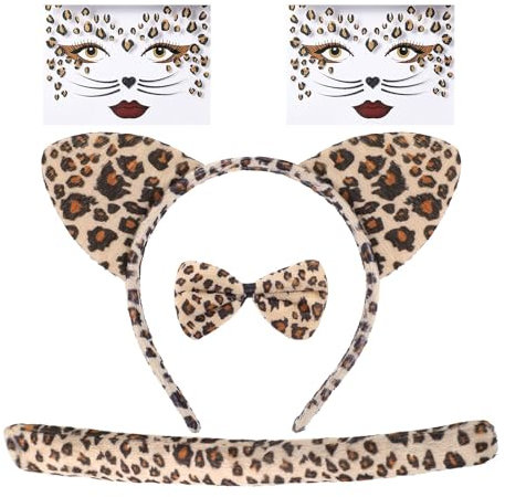 SALGIA 5PCS Leoparden Kostüm Set, Leoparden Ohren Haarreif Schwanz Fliege + Leopard Gesicht Kunst Aufkleber, Damen Kinder Leoparden Kostüm Zubehör für Halloween Karneval Cosplay Mottoparty