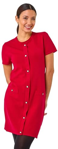 Roman Originals Knitted Button Detail A-Line Dress for Women UK - Ladies Everyday Autumn Winter Round Neckline Comfy Soft Evening Vacation Work Party Night Out - Red - Size 20