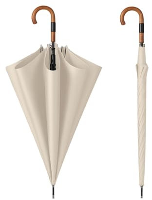 TREWQ Feste Farbe Großer Regenschirm Windschutz 49 Zoll - Regenschirme Für Regen Mit Holzgriff - Lange Automatische Offene 8 Rippen Strong Stick Regenschirm Mit J Haken Fü Beige