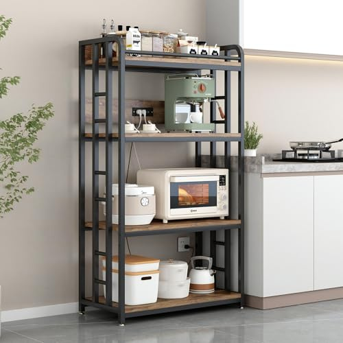 METYERRY Microwave Stand with Storage, 4-Tier Kitchen Bakers Rack with Power Outlet and USB Charging Ports, Rolling Kitchen Cart with Lockable Wheels and Adjustable Shelves for Coffee Bar, Rustic Brow