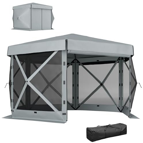 Outsunny 12' x 12' Hexagon Pop Up Gazebo Tent with 5 Sides and Carry Bag, Waterproof, UV Resistant Party Tent Instant Event Shelter with Netting for Garden, Patio, Light Grey