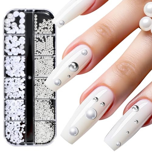 12 Raster Nagel Charms, Nail Art Strasssteine Nagel Perlen Weiß Nageldesign Zubehör Perle Nail Art 3D Weiß Perlen Nägel Beads
