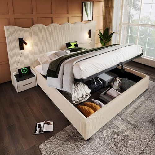 PUGSDRLY Lit Coffre 160x200cm avec Lampe de Lecture et Port USB Type-C,Lit Double de Rangement avec Sommier à Lattes,Grand Tête de lit capitonnée,sans Matelas (Beige-Velours côtelé, 160x200)