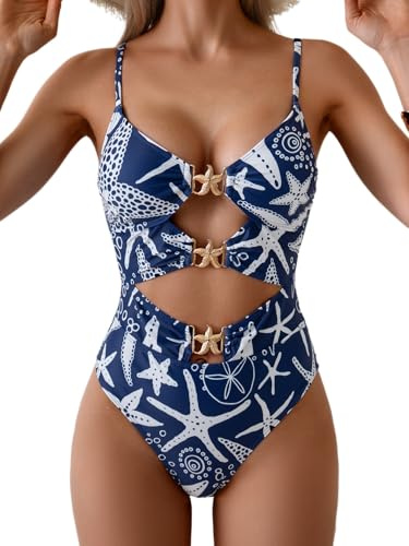 Eomenie One Piece Swimsuit for Women Cutout Monokini Sexy Bathing Suit Metal Swim Suit, Dark Blue Starfish Print, Large