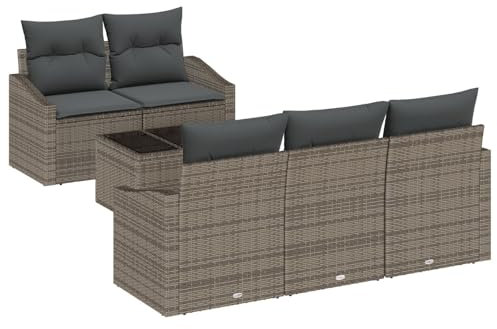 vidaXL 6-teiliges Garten-Sofa-Set mit Kissen in Grau, aus Poly Rattan. Bequeme Sitzgruppe für draußen, Tisch für die Terrasse, Lounge für den Patio. Modulare Möbel für den Sommer – tolle Couch!