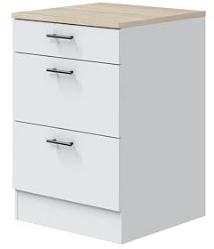 Mobelcenter, Mueble Bajo de Cocina con 3 Cajones de Estilo Moderno, Acabado Color Blanco Brillo y Roble Canadian, Medidas: Ancho: 60 cm x Fondo: 60 cm x Alto: 90 cm (1536)