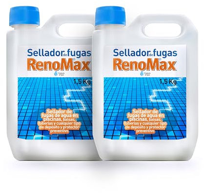 Renomax - Sellador Fugas Agua Pack 2 x 1,5kg | Sellador Fugas Piscina, Balsas y Tuberías | Impermeabilizante Transparente, Reparación Rápida y Duradera | Fácil de Aplicar, Seguro y Eficaz