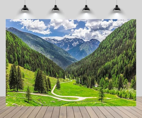 CHNBGPRO 2.7m x 1.8m Alps Mountain Slope Pathway Backdrop for Photography Dolomites Mountains Green Forest Background Mountain Forest Outdoor Hiking Theme Party Decor Photo Studio Booth Props