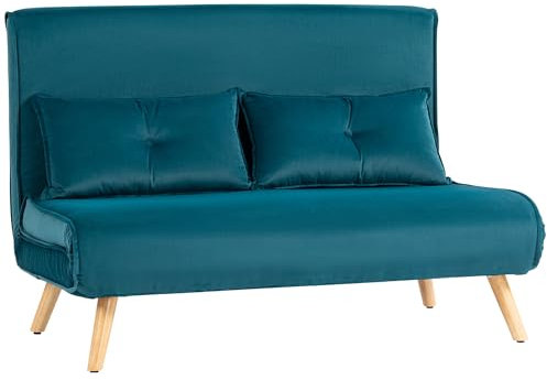 HOMCOM Schlafsofa 3 in 1 2 Sitzer Sofa mit Schlaffunktion, 190 x 120 cm Klappbar Couch Schlafcouch mit 5-stufig Verstellbarer Rückenlehne, Lendenkissen und Samtoptik für Wohnzimmer, Dunkelgrün