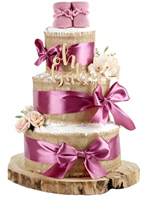 XXL Windeltorte ALLES JUTE plum 3-stöckig – Boho mit Booties & Oh-Baby-Topper | großes Geschenk zur Geburt & Baby Shower