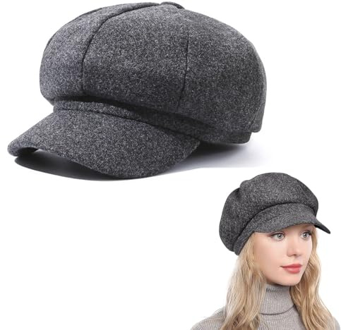 Baskenmütze Damen Barett,Winter Mütze,Damen Ballonmütze Schirmmütze Wintermütze Kappe Barett Winter Mütze Herbst Winter,Französisch Schirmmütze Wolle Wintermütze Newsboy,Marineblau/Schwarz/Grau