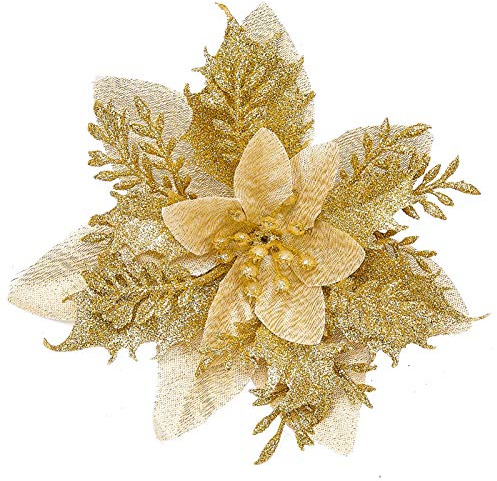 Xmastell 15Pcs Poinsettia Artificial Flowers Decorations, Glitter Christmas Flowers Ornaments, Christmas Tree Decorations Flowers, with Clips for Xmas/Wreath/Garland Decor, 14cm Gold
