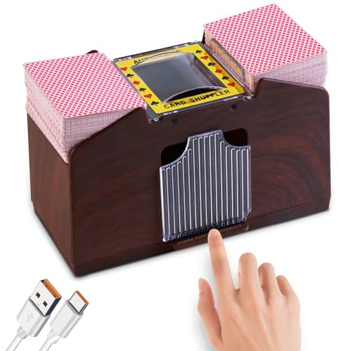 HJCMikee Automatic Kartenmischmaschine, 1 bis 4 Decks, Luxus-Holzmaserung, Kartenmischer Elektrisch für Karten, Batterie- oder USB-Stromversorgung