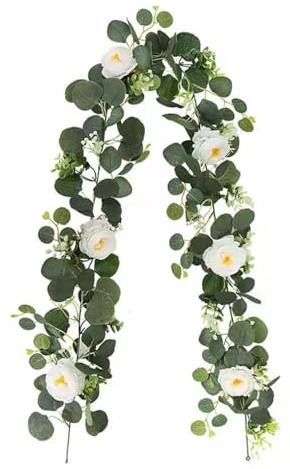 Eucalyptus Wreath Spring Summer Wreath Front Door, Lifelike Artificial Roses Flower Wreath for Easter Window Wall Wedding Farmhouse, Candle Rings Fireplace Dinner Table Party Decor