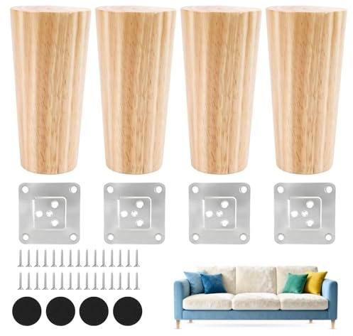 Koxtyzo 4 Stück Möbelfüße Holz 10cm, Holz Tischbeine Sofa Füße möbelfüße Eiche, Möbelfüße Tischbeine Aus Eiche mit Montageplatten und Schrauben für Sofa Bett Schrank Stuhl Tisch