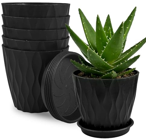 TEYIAN 10cm/4-in Plant Pots Indoor 6 Pack Plastic Flower Pots with Drainage Holes and Saucers Modern Decorative Planters Succulent Indoor Outdoor Plants(Black)
