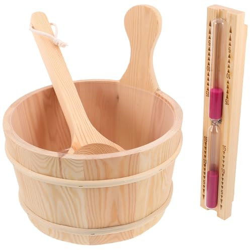 Gatuida Sauna Holzeimer 4 L mit Schöpfkelle und Sanduhr Holzgriff Auslaufsicheres Sauna Zubehör Spa und Badewanne