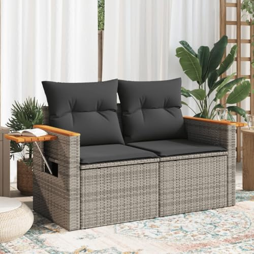 Fangmaliuyun 2-Sitz Gartensofa 124x62x69 cm, grau Poly Rattan/Akazie, klappbare Ablagen, modular, Kleiner Balkon/Terrasse