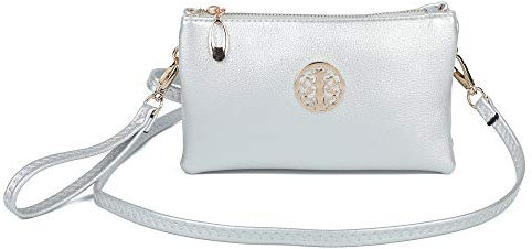 Womens Small Clutch Bags with Wristlet and Long Adjustable Strap (Silver)