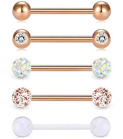 FECTAS 5pcs Langue Mamelon Anneau Barbell Set 14 Gauge 316L en Acier Inoxydable Chirurgical 14mm Barre Piercing Bijoux
