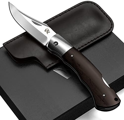 ODENWOLF VIRUM Zweihand-Klappmesser - Ein echter Gentlemen Folder mit hochwertigem Ebenholz Griff - Taschenmesser Holzgriff - Edles Survival Outdoor Messer - Zweihandmesser inkl. Echt-Leder Tasche