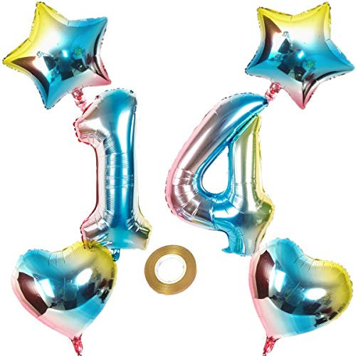 Luftballons Zahl 14 Nummer 14 Luftballon Regenbogen 14 Zahlenballon Folienballon 32 inch 80 cm XL für Mädchen Junge,Riesen Aufblasbar herz Helium Folienballon Stern Ballons Geburtstag Party Deko (14)