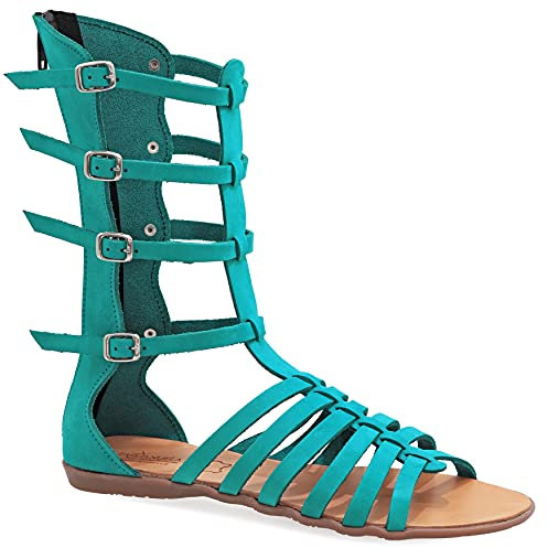 38 Türkis Emmanuela antike griechische Hand handgefertigte Gladiator Sandalen aus Leder, Kalb hohe Sandalen mit Reißverschluss hinten am Schaft, Riemchen flache Sommerschuhe für Frauen