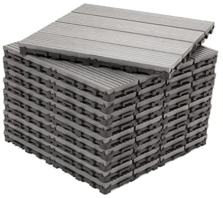 Pack of 10 - Dekco Composite Wood Plastic Grey Decking Interlocking Tiles with Woodgrain Effect 30cm x 30cm