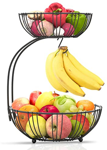 RICCLE Obstkorb für Küchentheke – Obstkorb mit Bananenaufhänger – Doppelschicht Metalldraht Obstschale für Küchenarbeitsplatte – Obsthalter für Produkte, Gemüse, Küche