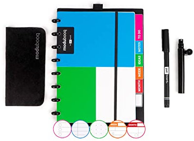 MODUBOOQ organizer, block - Modular Wiederverwendbar Smart Notizbuch A5 - Notebook mit Tabs & Discbound System - 40 modulare Seiten mit duratech3 Technologie - Abwaschbar und schreibt wie Papier
