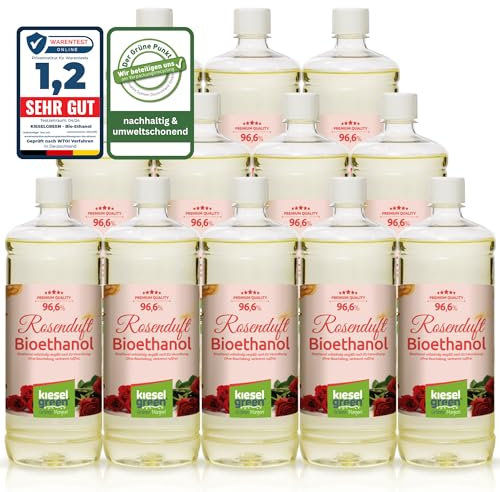 KieselGreen Bioethanol 12 x 1 Liter mit Duft für Ethanol-Kamin, viele Sorten - Bio Ethanol als Raumduft in vielen Duftnoten - Parfüm für Bio Ethanol Kamin Indoor oder Bioethanol Tischfeuer (R)