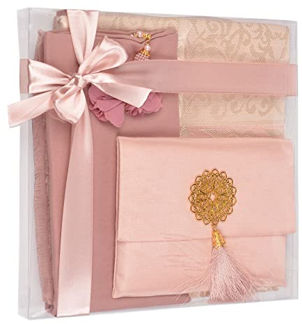 BABY SHOWER CHOCOLATE Islamische Geschenkset, Samt Gebetsmatte, Gebetsperlen, Schal und Yaseen Buch (Rosa)