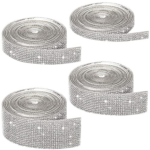 Dream HorseX 4 Rollen Kristall Strass Diamant Band, Selbstklebende Kristall Strass, Glitzerband selbstklebend Strasssteine Band, Aufkleber Strass zum Basteln(4/8/12/16 Reihen,Silber)