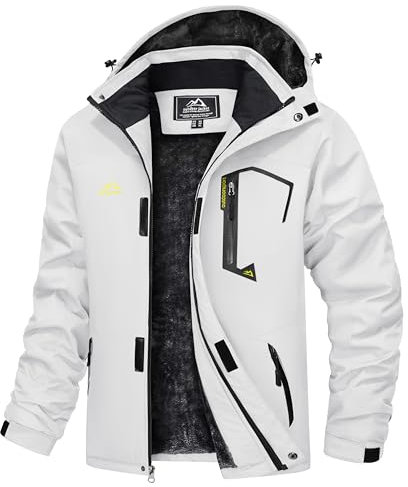 TACVASEN Herren Winter Winddichte Winterjacke Warme Fleece-Futter Ski Übergangsjacke mit Abnehmbarer Kapuze, Weiß, 3XL