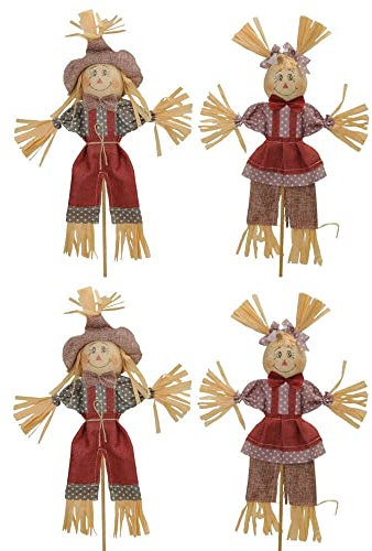 finehomegarden Herbstdeko Vogelscheuche 4X Stecker Stroh Puppe 2fach sort. Bordo H60cm Deko