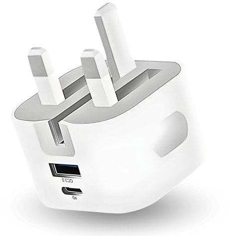 USB C and USB Plug, 38W Charging Adapter, 3 Pin UK Mains, Foldable, Travel, Super Fast Charger, for iPhone 16, 15, 14, 13, 12, 11 Pro Max, XS, XR, 8, SE, iPad, Samsung, Google Pixel, Multi-Device, PD